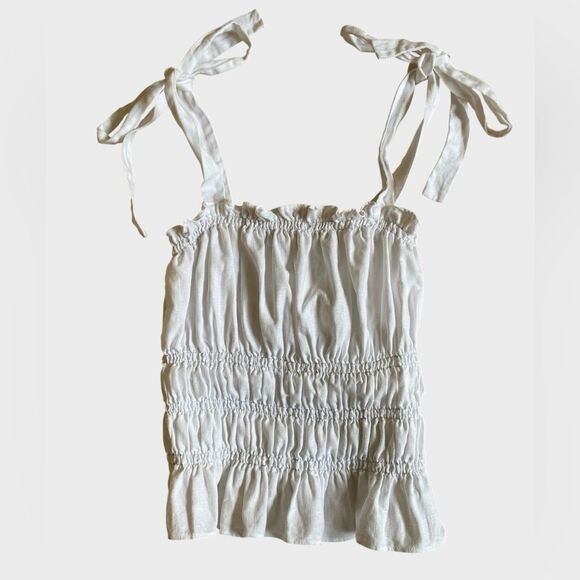 Reformation Shirred Tie-Strap Linen Top Women's Size M White Ruffle Hem Coquette - Picture 2 of 14